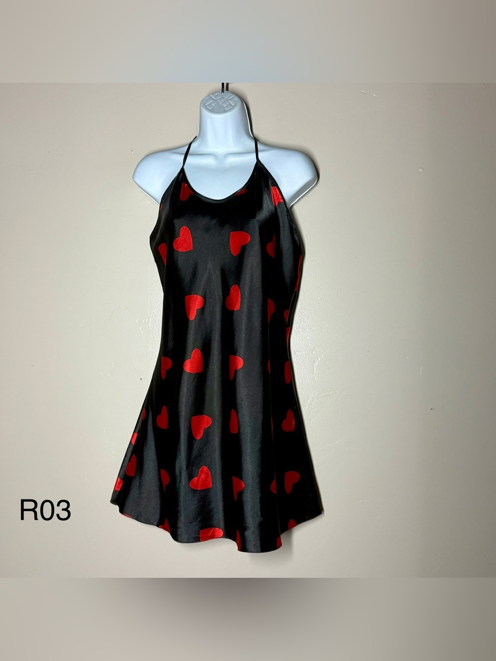 Black Satin Halter Chemise with Red Hearts